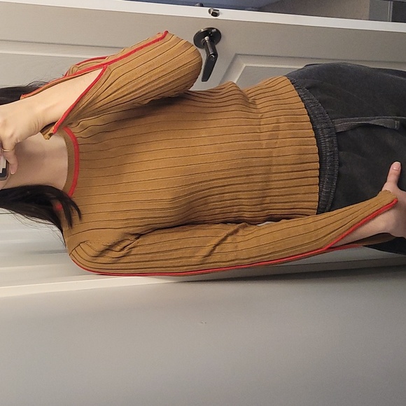 Tan Long Sleeve Shirt with Red Stripe - Picture 1 of 5